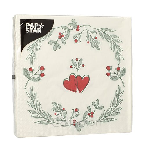 PAPSTAR 20 serviettes, 33x33 cm, 3 plis de PAPSTAR GmbH (Design Set 6) montrent une serviette blanche avec une couronne de feuilles vertes et de baies rouges, des cœurs rouges au centre et une étiquette "PAP STAR" noire en haut à gauche.