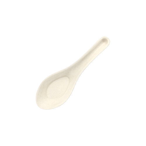 La cuillère en canne à sucre Fingerfood PAPSTAR "pure" 14,5 cm, design asiatique (50 pièces) de PAPSTAR GmbH est une cuillère biodégradable couleur crème avec un bol ovale et un manche incurvé - parfaite pour servir des amuse-gueules.