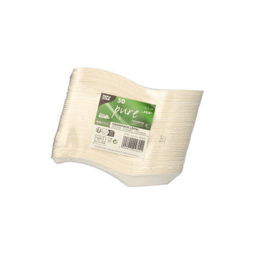 Un paquet de 50 cuillères en canne à sucre Fingerfood PAPSTAR "pure" (14,5 cm, design asiatique) de PAPSTAR GmbH, empilé et emballé sous film rétractable avec une étiquette verte et blanche indiquant qu'elles sont biodégradables.