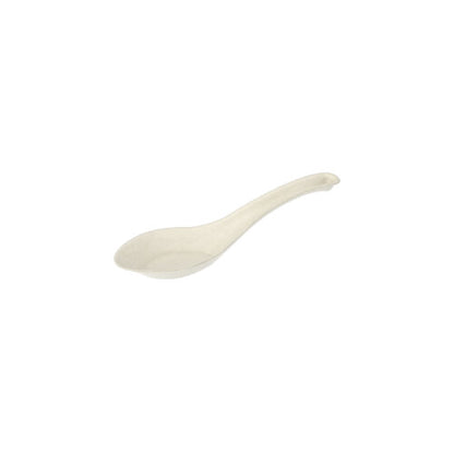 Une cuillère en canne à sucre Fingerfood PAPSTAR "pure" (14,5 cm, design asiatique) de PAPSTAR GmbH se tient au centre sur un fond blanc, inclinée avec le manche vers le haut et légèrement orientée vers la droite. La cuillère biodégradable est représentée individuellement.