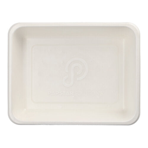 Les PAPSTAR 50 bols scellés en bagasse, PLA enduit (4,9 x 22,7 x 17,8 cm) de PAPSTAR GmbH est un bol blanc, rectangulaire avec des coins arrondis, un bord surélevé, un logo embossé au centre et photographié d'en haut.