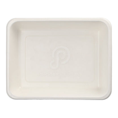 Les PAPSTAR 50 bols scellés en bagasse, PLA enduit (4,9 x 22,7 x 17,8 cm) de PAPSTAR GmbH est un bol blanc, rectangulaire avec des coins arrondis, un bord surélevé, un logo embossé au centre et photographié d'en haut.
