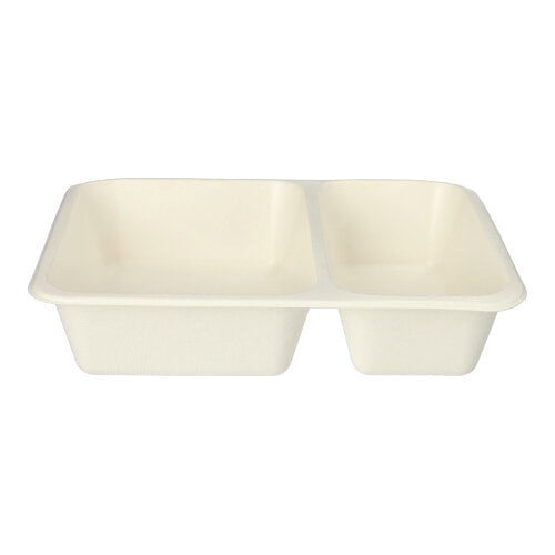 Les PAPSTAR 50 bols scellés en bagasse de PAPSTAR GmbH sont des bols rectangulaires à deux compartiments (4,9 x 22,7 x 17,8 cm) en bagasse claire et écologique avec un revêtement PLA pour une durabilité supplémentaire – idéaux pour les repas ou les collations.