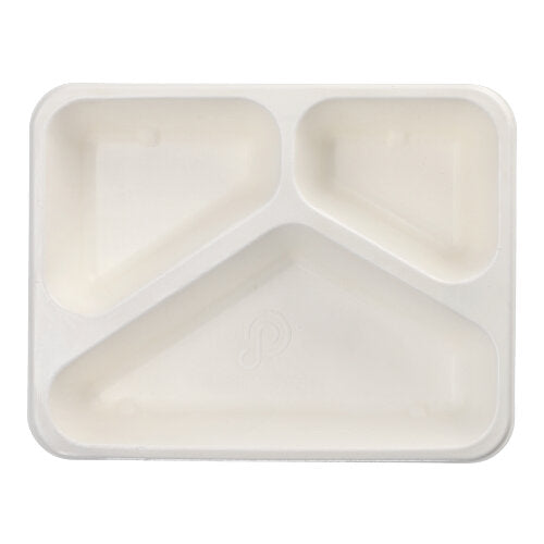 Les PAPSTAR 50 bols scellés en bagasse de PAPSTAR GmbH est un bol rectangulaire blanc revêtu de PLA (4,9 x 22,7 x 17,8 cm) avec trois compartiments, idéal pour servir des plats individuels sans mélange.
