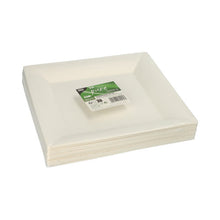 Une pile d'assiettes de fingerfood PAPSTAR carrées, en bagasse, 20,3 cm, blanc (25 pièces) de PAPSTAR GmbH, avec un autocollant code-barres et une étiquette verte sur le dessus, illustrée devant un fond blanc simple.