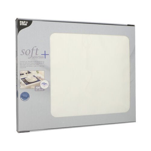 Une boîte PAPSTAR de 100 sets de table, ressemblant à du tissu, en non-tissé "soft selection plus" (30 x 40 cm) de la société PAPSTAR contient 100 sets de table visibles à travers une fenêtre transparente, avec les détails du produit sur le côté gauche de l'emballage.