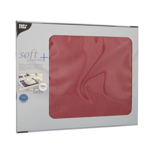 Une boîte de sets de table en non-tissé "soft selection plus" de la société PAPSTAR, ressemblant à du tissu, 100 pièces dans la boîte, chacune de 30 x 40 cm.