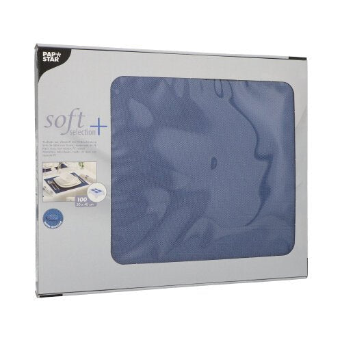 Une boîte contenant 100 sets de table de la société PAPSTAR, en non-tissé ressemblant à du tissu "soft selection plus" (30 x 40 cm), est livrée dans un emballage avec une fenêtre transparente montrant les marques et informations sur le produit.