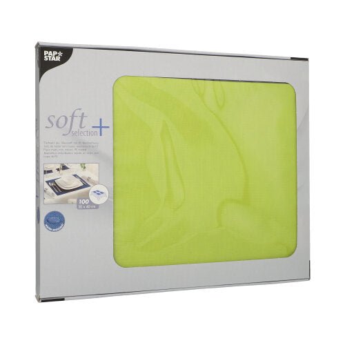 Un paquet PAPSTAR de 100 sets de table, ressemblant à du tissu, en non-tissé de la ligne Soft Selection Plus (30 x 40 cm), est livré dans un emballage partiellement transparent avec des informations sur le produit à l'avant. Idéal comme complément aux serviettes.