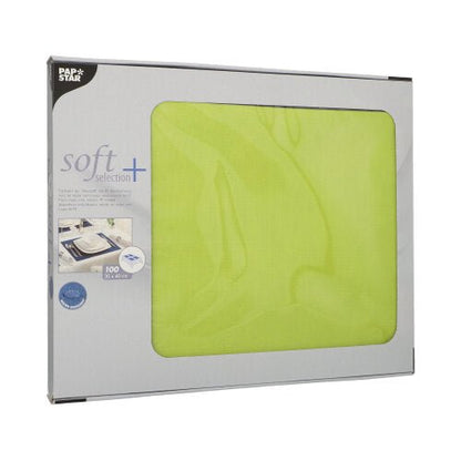 Un paquet PAPSTAR de 100 sets de table, ressemblant à du tissu, en non-tissé de la ligne Soft Selection Plus (30 x 40 cm), est livré dans un emballage partiellement transparent avec des informations sur le produit à l'avant. Idéal comme complément aux serviettes.