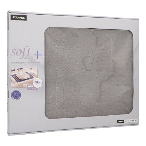 Une boîte PAPSTAR de 100 sets de table "soft selection plus" de la société PAPSTAR contient des serviettes en non-tissé ressemblant à du tissu au format 30 x 40 cm - idéales comme sets de table. L'emballage gris dispose d'une fenêtre transparente qui permet de voir le contenu.