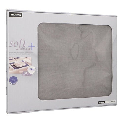 Une boîte PAPSTAR de 100 sets de table "soft selection plus" de la société PAPSTAR contient des serviettes en non-tissé ressemblant à du tissu au format 30 x 40 cm - idéales comme sets de table. L'emballage gris dispose d'une fenêtre transparente qui permet de voir le contenu.