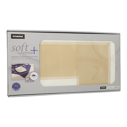 Une boîte rectangulaire avec l'inscription « Starpak Soft Selection Plus » contient 20 napperons en non-tissé semblables à du tissu au format 80 x 80 cm. L'emballage dispose d'une fenêtre de visualisation, à travers laquelle les napperons pliés à l'intérieur sont visibles.