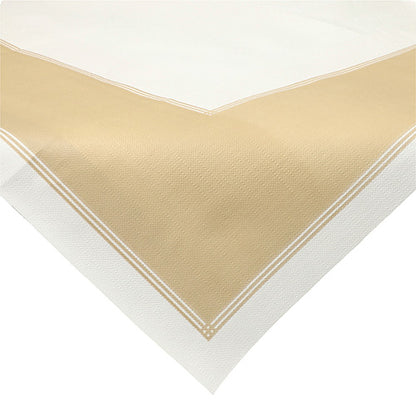 Un gros plan des 20 napperons Starpak, nappe en non-tissé semblable à du tissu « soft selection plus » (80 x 80 cm) montre un centre beige avec des bords blancs, un motif de structure subtil et des lignes blanches fines entourant la zone beige.