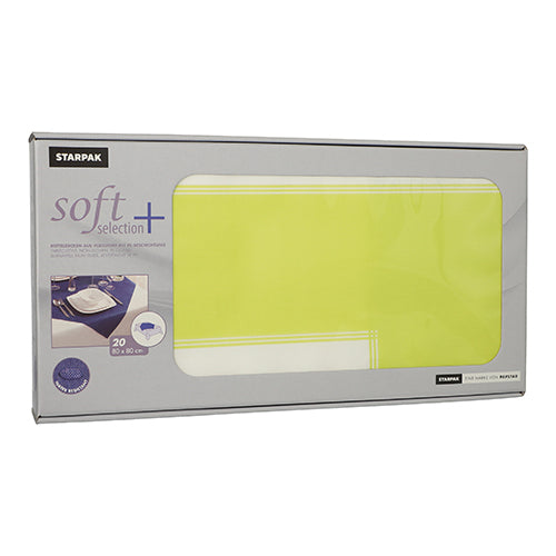 Une boîte rectangulaire Starpak avec l'inscription « soft selection plus » contient 20 napperons-serviettes jaune-blanc (80x80 cm, en non-tissé semblable à du tissu), avec une serviette pliée visible à travers une fenêtre transparente à l'avant.