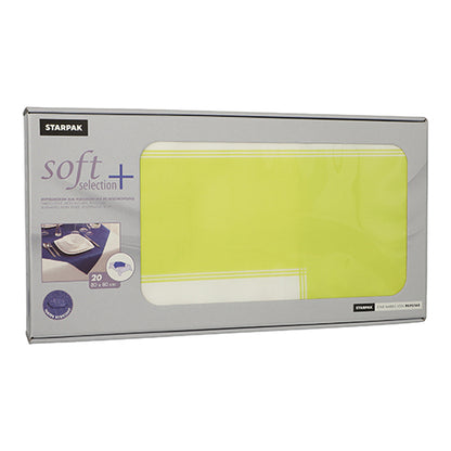 Une boîte rectangulaire Starpak avec l'inscription « soft selection plus » contient 20 napperons-serviettes jaune-blanc (80x80 cm, en non-tissé semblable à du tissu), avec une serviette pliée visible à travers une fenêtre transparente à l'avant.