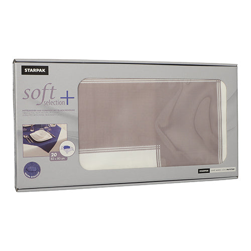 Illustrée est une boîte rectangulaire avec 20 napperons Starpak, semblables à du tissu, en non-tissé « soft selection plus » (80 x 80 cm), semblables à du tissu. Les serviettes semblables à du tissu sont visibles à travers une fenêtre transparente à l'avant de l'emballage.