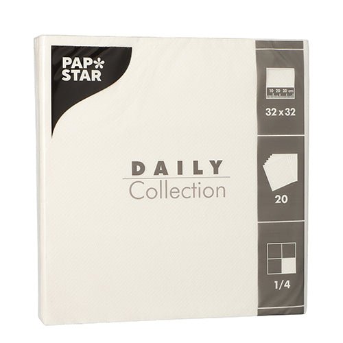 Un paquet de PAPSTAR 20 serviettes "DAILY Collection" 1/4-pli, 32 x 32 cm, blanc de PAPSTAR GmbH – idéal pour la décoration de table. Les détails de taille et de pli sont indiqués sur le devant de l'emballage.