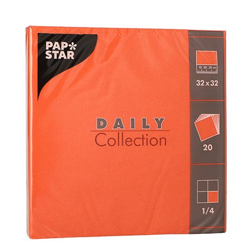 Un paquet de 20 serviettes orange PAPSTAR "DAILY Collection" de PAPSTAR GmbH, 1/4-pli, chaque serviette mesurant 32 x 32 cm.