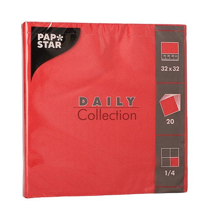 Un paquet de 20 serviettes de PAPSTAR GmbH de la "DAILY Collection", 1/4-pli, 32x32 cm, rouge. L'emballage contient des symboles et du texte avec tous les détails importants.