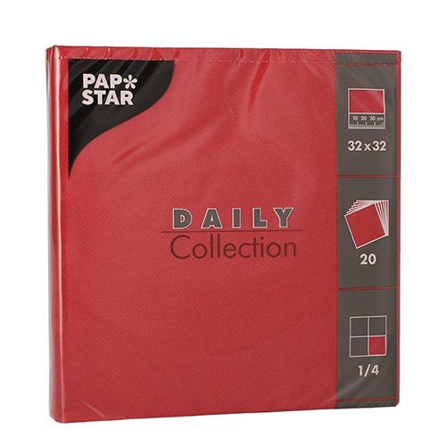 Un paquet de PAPSTAR 20 serviettes "DAILY Collection" (32x32 cm, 1/4 pli) de PAPSTAR GmbH offre un design simple et un emballage pratique - parfait pour une décoration de table élégante.