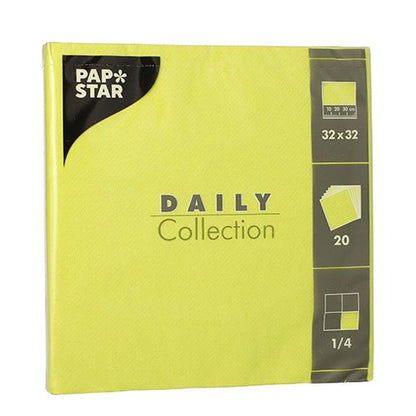 Le paquet "DAILY Collection" de PAPSTAR GmbH contient 20 serviettes jaunes avec 1/4-pli (32 x 32 cm); des symboles avec des indications de taille, de quantité et de type de pli sont apposés sur l'emballage.