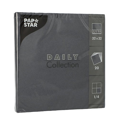 Un paquet de 20 serviettes (1/4-pli, 32x32 cm) de PAPSTAR GmbH de la "DAILY Collection" en couleur gris foncé – idéal pour une décoration de table élégante et portant la marque PAPSTAR.