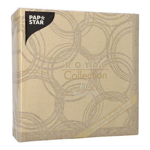 Un paquet beige PAPSTAR GmbH 50 serviettes "ROYAL Collection" pliage 1/4 40 x 40 cm sable, avec des cercles dorés élégants et le numéro 50 - des serviettes de haute qualité idéales pour des occasions spéciales.