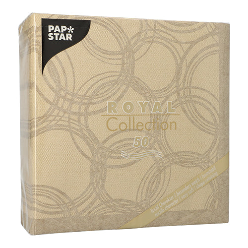 Eine beigefarbene Packung PAPSTAR GmbH 50 Servietten "ROYAL Collection" 1/4-Falz 40 x 40 cm sand, mit eleganten goldenen Kreisen und der Nummer 50-ideale hochwertige Servietten für besondere Anlässe.
