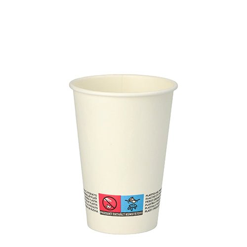 Un gobelet automatique Starpak 100 « To Go » en carton blanc (0,18 l, Ø 7 cm, 9,2 cm) est visible sur un fond blanc. Près du bas du gobelet écologique se trouvent de petits symboles et du texte.