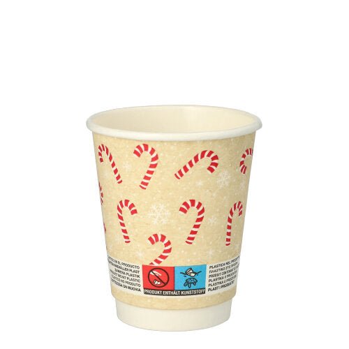 Le gobelet PAPSTAR "Candy Canes" (0,2 l, Ø 8 cm, double paroi) de la société PAPSTAR est composé de gobelets beiges avec des cannes de bonbon rouges et blanches, des flocons de neige blancs et une étiquette avec des symboles d'avertissement sur fond blanc. Paquet de 25 pièces.