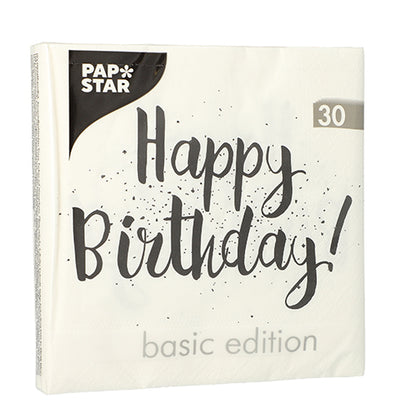Eine Packung mit 30 Servietten der PAPSTAR GmbH, 3-lagig, 33x33 cm, 1/4 Falz, mit „Happy Birthday!“ in großen dekorativen Buchstaben auf der Vorderseite.
