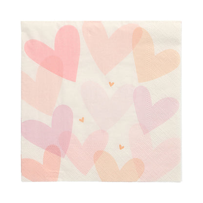 Les 20 serviettes PAPSTAR, 33x33 cm, de PAPSTAR GmbH sont des serviettes carrées à 3 plis avec un fond blanc et des cœurs roses, pêche et violets qui se chevauchent, ainsi que trois petits cœurs orange au centre (Design Set 2).