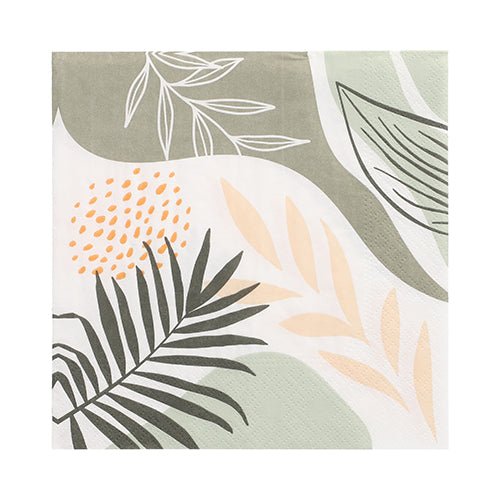 Les PAPSTAR 20 serviettes de PAPSTAR GmbH sont des serviettes en papier 3 plis, 33 x 33 cm, avec un design botanique abstrait en vert, beige et jaune sur fond blanc. Le Design Set 6 a une forme carrée et un pli pratique 1/4.