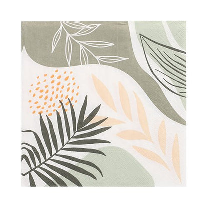 Les PAPSTAR 20 serviettes de PAPSTAR GmbH sont des serviettes en papier 3 plis, 33 x 33 cm, avec un design botanique abstrait en vert, beige et jaune sur fond blanc. Le Design Set 6 a une forme carrée et un pli pratique 1/4.