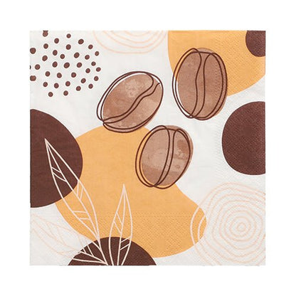 Les 20 serviettes PAPSTAR GmbH, 33 cm x 33 cm, 3 plis du design set 5 présentent des grains de café, des cercles abstraits bruns et jaunes, des motifs à pois et des feuilles bordées de blanc sur fond blanc.