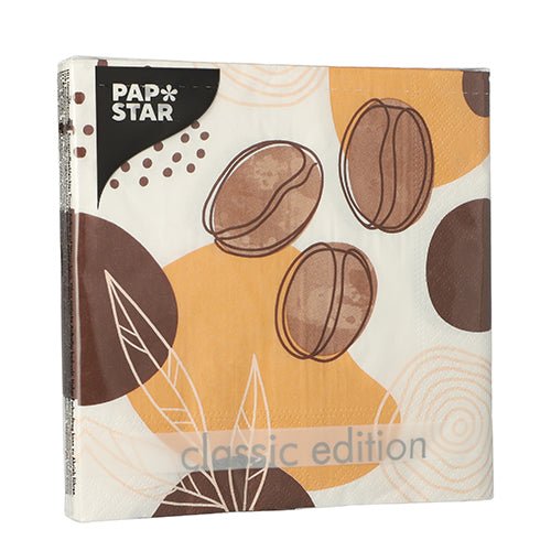 Un paquet de PAPSTAR 20 serviettes, 33x33 cm, 3 plis, 1/4 pli design set 5 de PAPSTAR GmbH présente un grain de café brun et des formes abstraites orange/brun sur fond blanc.