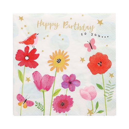 Les serviettes PAPSTAR 20 serviettes 33x33 cm de PAPSTAR GmbH montrent un design floral et festif avec un oiseau rouge, des papillons, des étoiles dorées et le texte "Happy Birthday to you..." sur fond blanc.