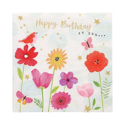 Les serviettes PAPSTAR 20 serviettes 33x33 cm de PAPSTAR GmbH montrent un design floral et festif avec un oiseau rouge, des papillons, des étoiles dorées et le texte "Happy Birthday to you..." sur fond blanc.