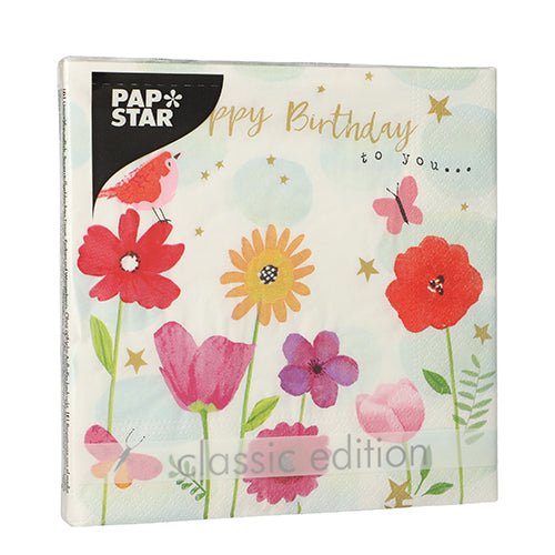 Les PAPSTAR 20 serviettes (33x33 cm, 3 plis, 1/4 pli) de PAPSTAR GmbH montrent des fleurs rouges, roses et jaunes, un oiseau, un papillon, des étoiles dorées et le texte "Happy Birthday to you..." avec le logo PAPSTAR en haut à gauche.