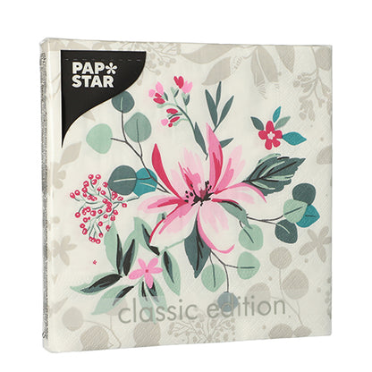 Un paquet de 20 serviettes PAPSTAR GmbH, 33x33 cm, 3 plis, Design Set 2 serviettes avec un motif floral rose-rouge et des feuilles vertes sur fond blanc ; l'emballage partiellement transparent montre le design.