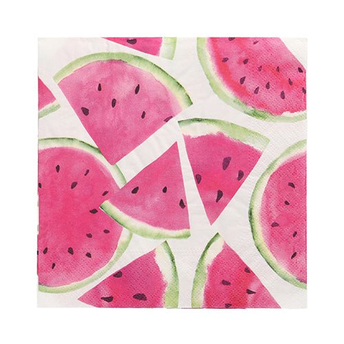 La PAPSTAR GmbH 20 serviettes, 33 cm x 33 cm, 3 plis, présentent un motif de pastèque aquarelle avec chair rose et écorce verte sur fond blanc. Durable et élégant - idéal pour les fêtes estivales.