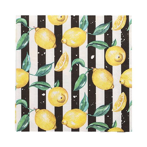 Les 20 serviettes PAPSTAR, 33 cm x 33 cm, 3 plis de la PAPSTAR GmbH présentent un design de rayures longitudinales noir et blanc avec des citrons jaunes, des tranches et des feuilles vertes dispersées sur la surface.