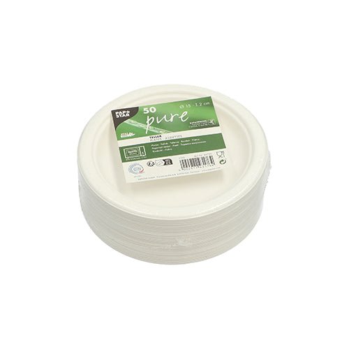 Un ensemble de 50 PAPSTAR assiettes en canne à sucre "pure" de PAPSTAR GmbH avec une étiquette verte et blanche, certifié et biodégradable - le choix écologique pour la vaisselle jetable.