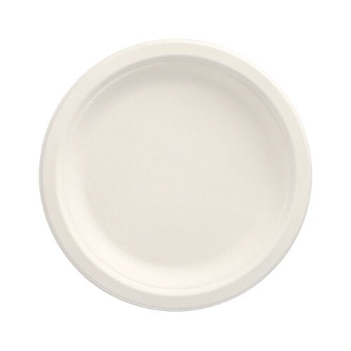 Représenté est un PAPSTAR 50 assiettes, canne à sucre "pure" de la PAPSTAR GmbH sur fond blanc. L'assiette simple, ronde et blanche a un bord légèrement surélevé et est dépourvue de motifs ou de décorations.