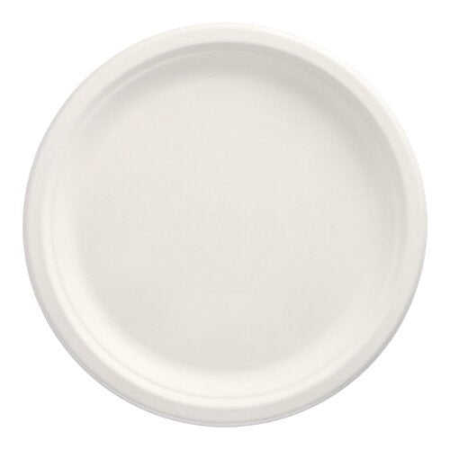 Un simple plat rond blanc PAPSTAR 50 assiettes en canne à sucre "pure" de la PAPSTAR GmbH est photographié de dessus sur un fond blanc. L'assiette jetable écologique a un bord légèrement surélevé et ne présente aucune décoration ou marque.