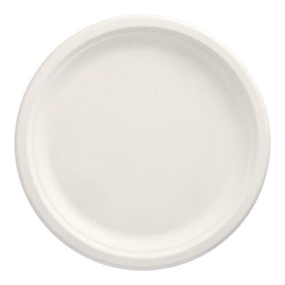 Un simple plat rond blanc PAPSTAR 50 assiettes en canne à sucre "pure" de la PAPSTAR GmbH est photographié de dessus sur un fond blanc. L'assiette jetable écologique a un bord légèrement surélevé et ne présente aucune décoration ou marque.