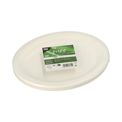 Une assiette jetable ovale blanche en canne à sucre de PAPSTAR GmbH avec l'étiquette «pure» et un code-barres repose sur fond blanc ; nom du produit : PAPSTAR 12 assiettes, canne à sucre «pure» ovale.
