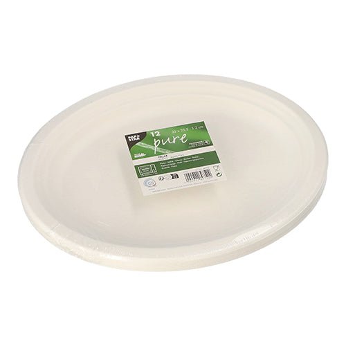 Une pile d'assiettes ovales blanches PAPSTAR 12 en canne à sucre «pure», emballées dans du plastique avec une étiquette vert-blanc contenant des informations sur le produit, y compris la marque PAPSTAR GmbH et un code-barres - durable et écologique.