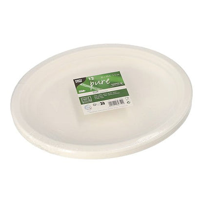 Une pile d'assiettes ovales blanches PAPSTAR 12 en canne à sucre «pure», emballées dans du plastique avec une étiquette vert-blanc contenant des informations sur le produit, y compris la marque PAPSTAR GmbH et un code-barres - durable et écologique.